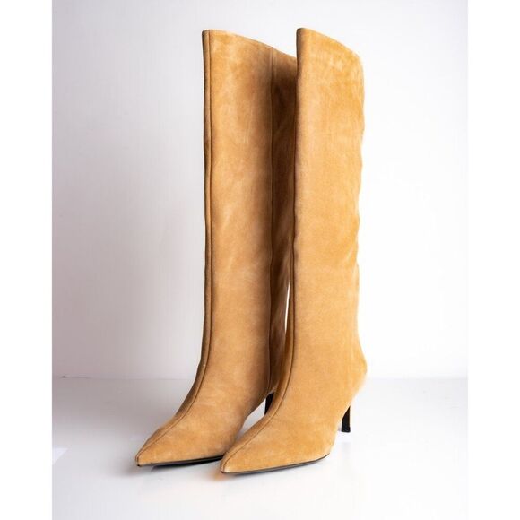 Zara Womens Knee High Boots Wide Shaft Split Leather Dark Tan US 11 EU 42 NWT - Picture 1 of 10